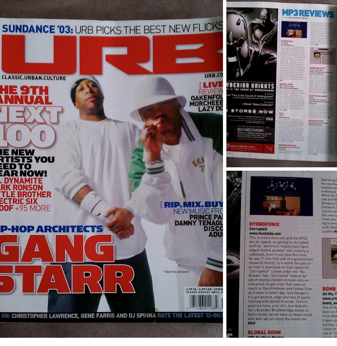 URB Magazine 2003 — Hydrofonix 'Corrupted' review in the MP3 Reviews section, alongside the magazine cover featuring Gang Starr